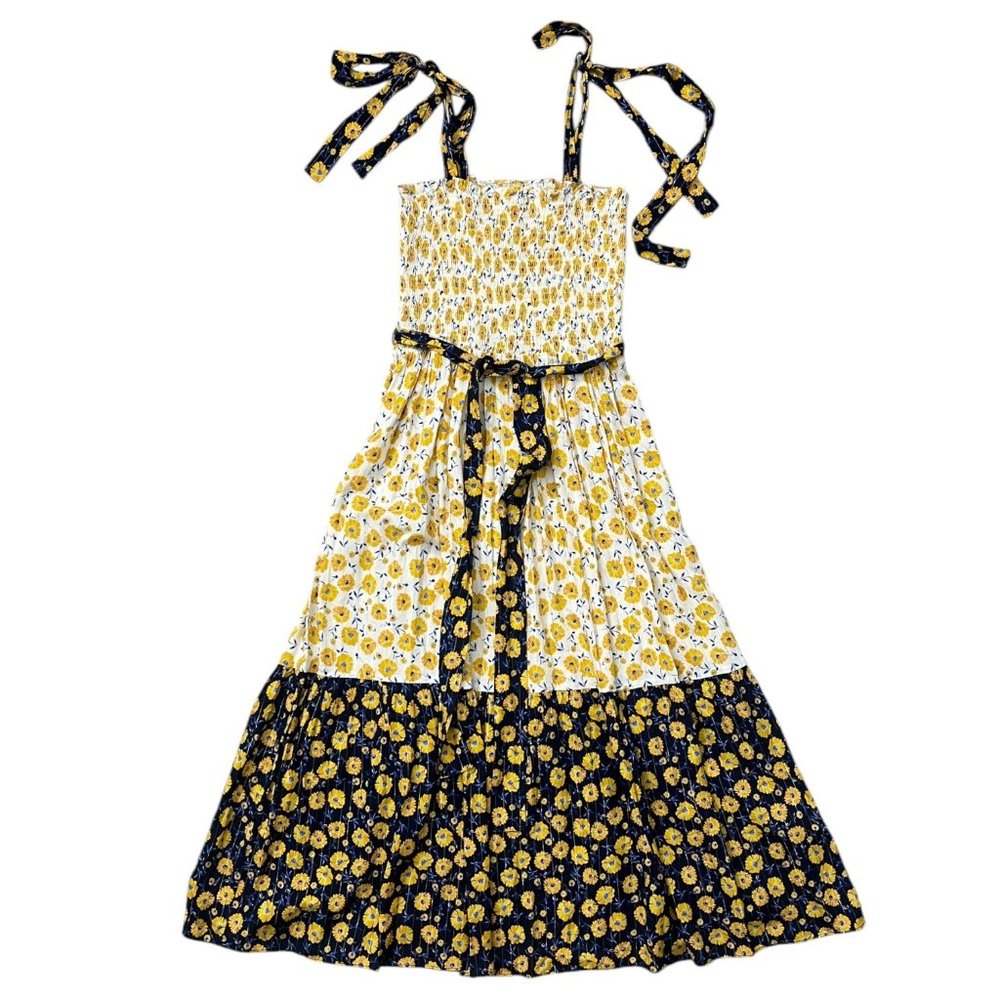Shoshanna Floral Tiered Midi Tie Shoulder Dress White Navy Medium Cottagecore